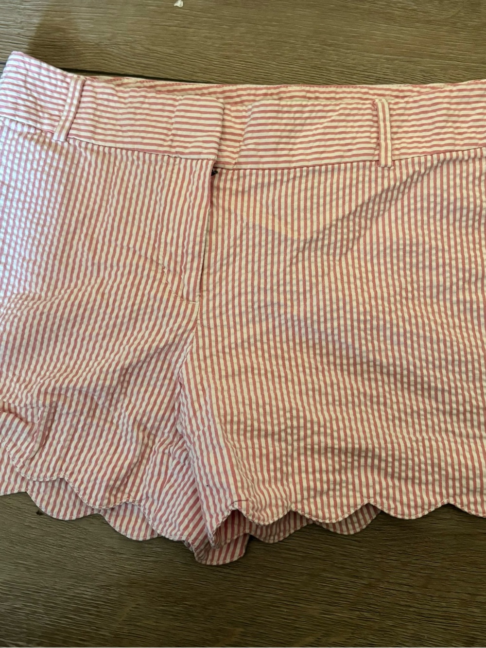 LOFT Pink & White Seersucker Scallop-Hem Shorts